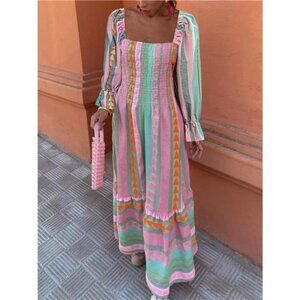 Smocked Square Neck Flounce Sleeve Maxi Dress